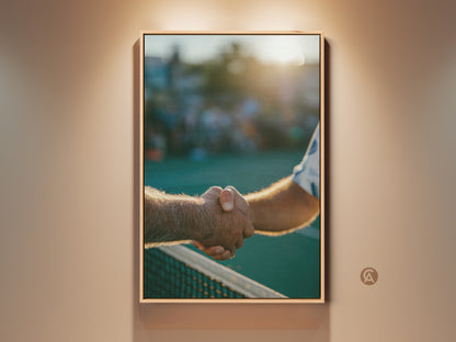 Framed artwork of a handshake on a tennis court. The sun is setting in the background. This fine art print captures a moment of sportsmanship. Perfect for tennis enthusiasts.