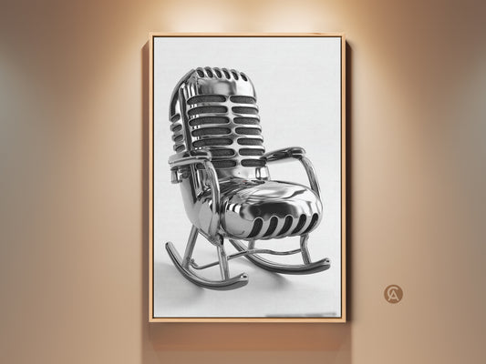 Chrome microphone rocking chair art in a tan-walled room. This surreal vintage music studio wall decor showcases a retro eclectic home style. The monochrome canvas print is ideal for music lovers. A perfect piece for studio apartment wall decor.