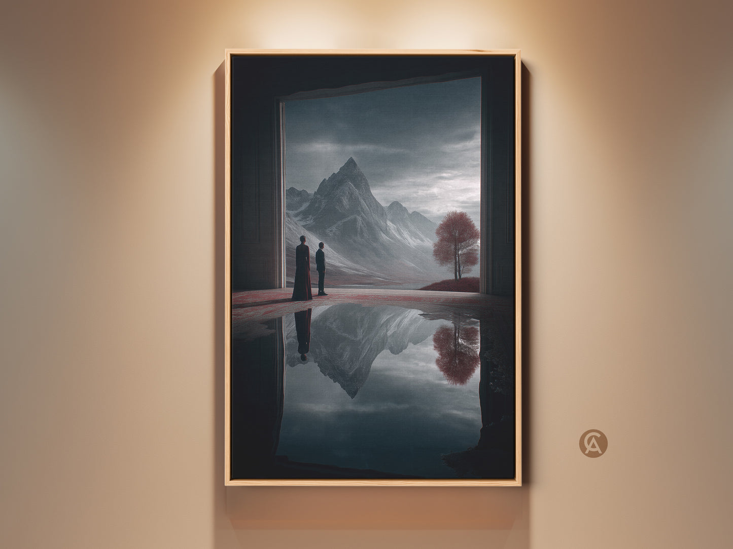 Surreal mountain landscape art print displayed in a room setting. This fantasy art features two figures contemplating a crimson tree. The deep blue palette and dreamlike reflection make it an eclectic piece for office or home wall decor.