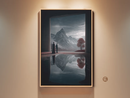 Surreal mountain landscape art print displayed in a room setting. This fantasy art features two figures contemplating a crimson tree. The deep blue palette and dreamlike reflection make it an eclectic piece for office or home wall decor.