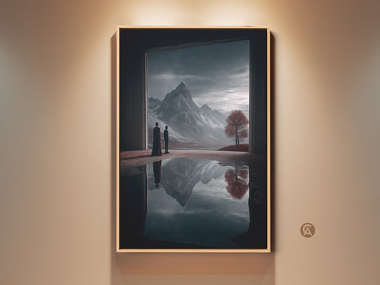 Surreal mountain landscape art print displayed in a room setting. This fantasy art features two figures contemplating a crimson tree. The deep blue palette and dreamlike reflection make it an eclectic piece for office or home wall decor.