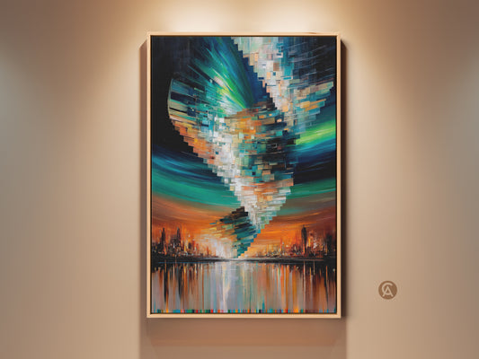 Framed Abstract Canvas Art Print. A teal green and orange contemporary artwork evokes the Northern Lights above a cityscape. Enhance your bedroom with this modern wall decor. It's a stunning housewarming gift for art lovers. An artistic home accent adding color to any room