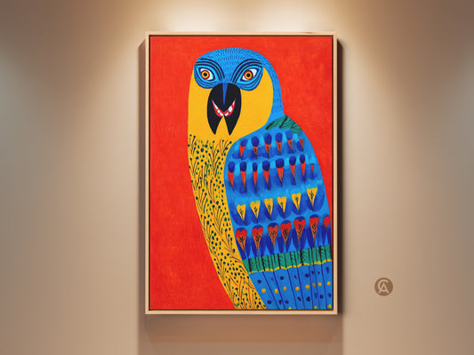 Vibrant parrot wall art print featuring a folk art style. The tropical bird artwork showcases a naive art approach. Its blue yellow and red hues add an eclectic touch to any room decor. Perfect for bird lovers seeking unique animal art for their living space.