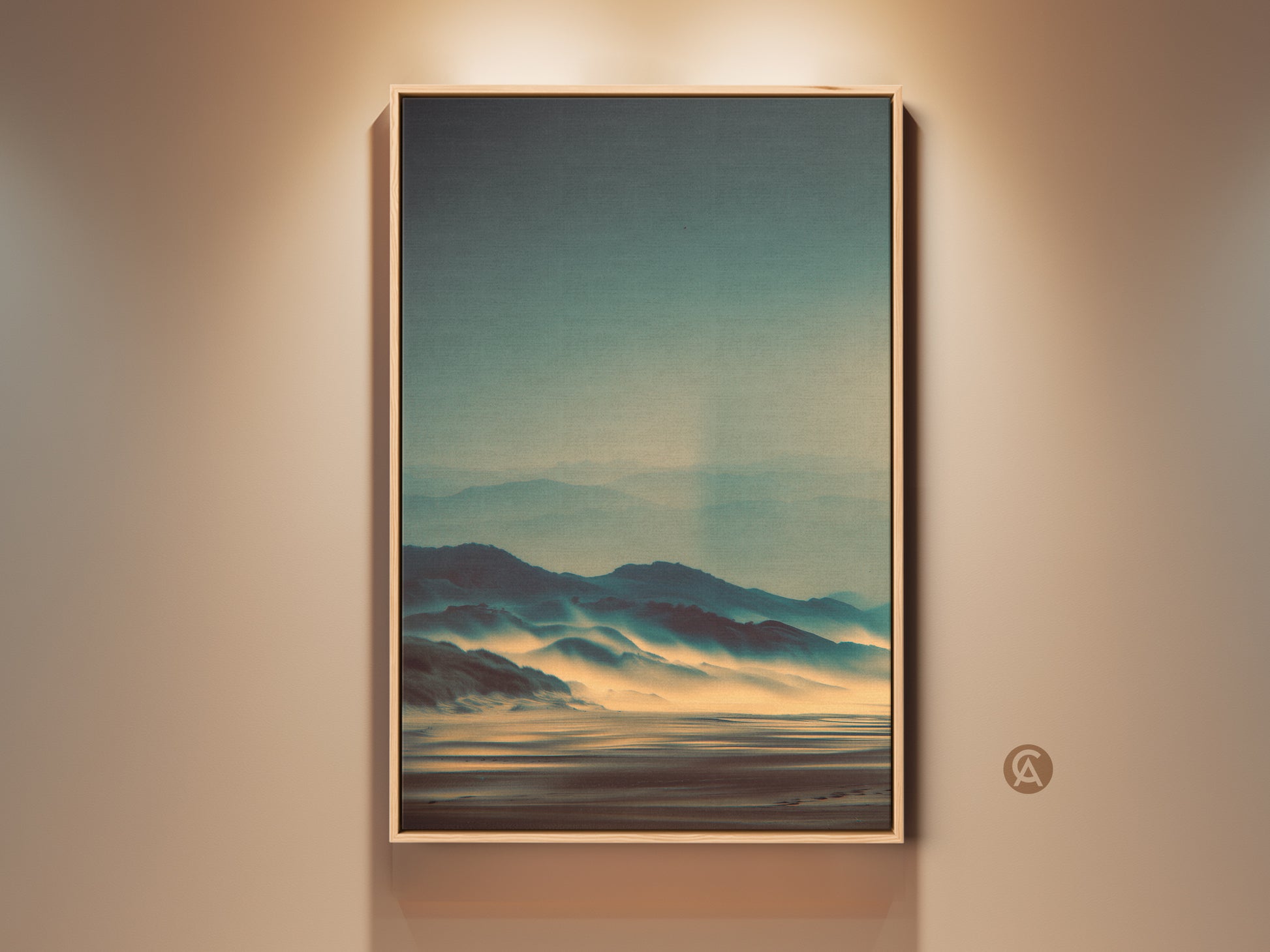 Framed landscape art of misty mountains. The artwork has a tranquil blue sky. It shows the beauty of nature with its muted tones. This framed art is perfect for adding serenity to any room. It is ready to hang and enjoy.