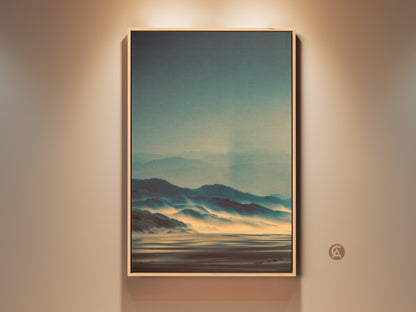 Framed landscape art of misty mountains. The artwork has a tranquil blue sky. It shows the beauty of nature with its muted tones. This framed art is perfect for adding serenity to any room. It is ready to hang and enjoy.