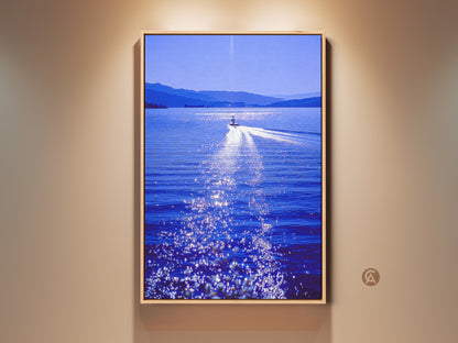 Contemporary speedboat lake art print. A deep blue aqua lake shimmers in the sunlight. This scenic boat artwork captures a sense of movement. This photography adds vibrant energy to any home residential space.