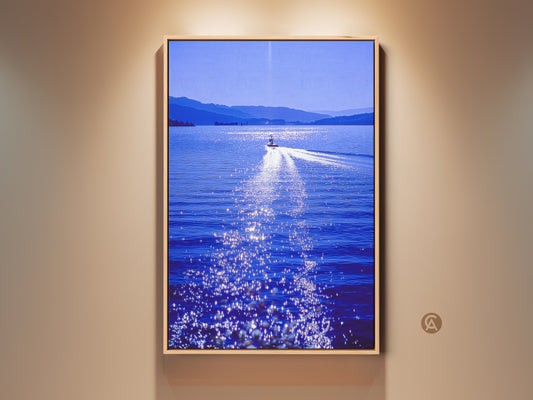 Contemporary speedboat lake art print. A deep blue aqua lake shimmers in the sunlight. This scenic boat artwork captures a sense of movement. This photography adds vibrant energy to any home residential space.
