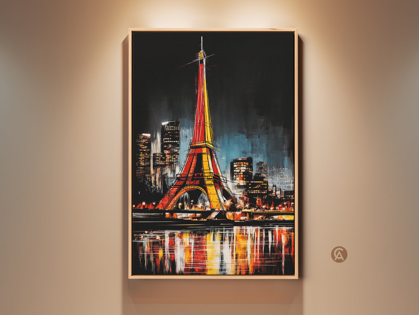 Framed abstract Eiffel Tower artwork glows with red and yellow. Paris nightscape canvas print adds contemporary charm. The cityscape decor reflects on the water below for home or office.