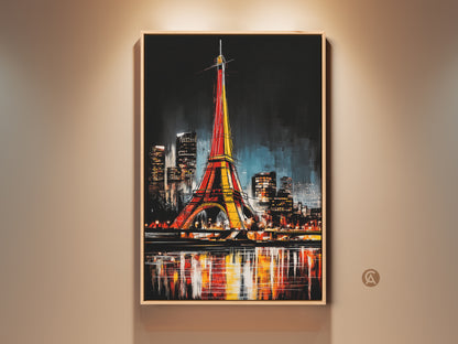 Framed abstract Eiffel Tower artwork glows with red and yellow. Paris nightscape canvas print adds contemporary charm. The cityscape decor reflects on the water below for home or office.
