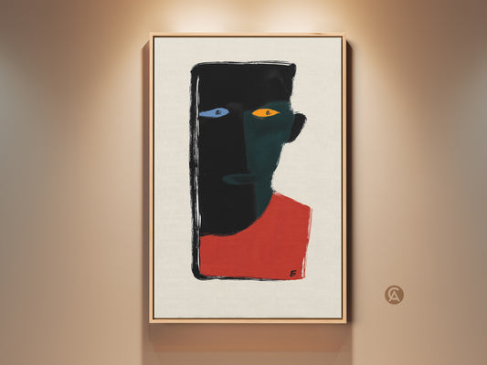 Minimalist Abstract Portrait Art Print features a black red teal face. This contemporary eyes artwork adds a modern touch. It is a unique wall decor for a home office or living space. Consider this modern abstract canvas as a thoughtful art lover gift.