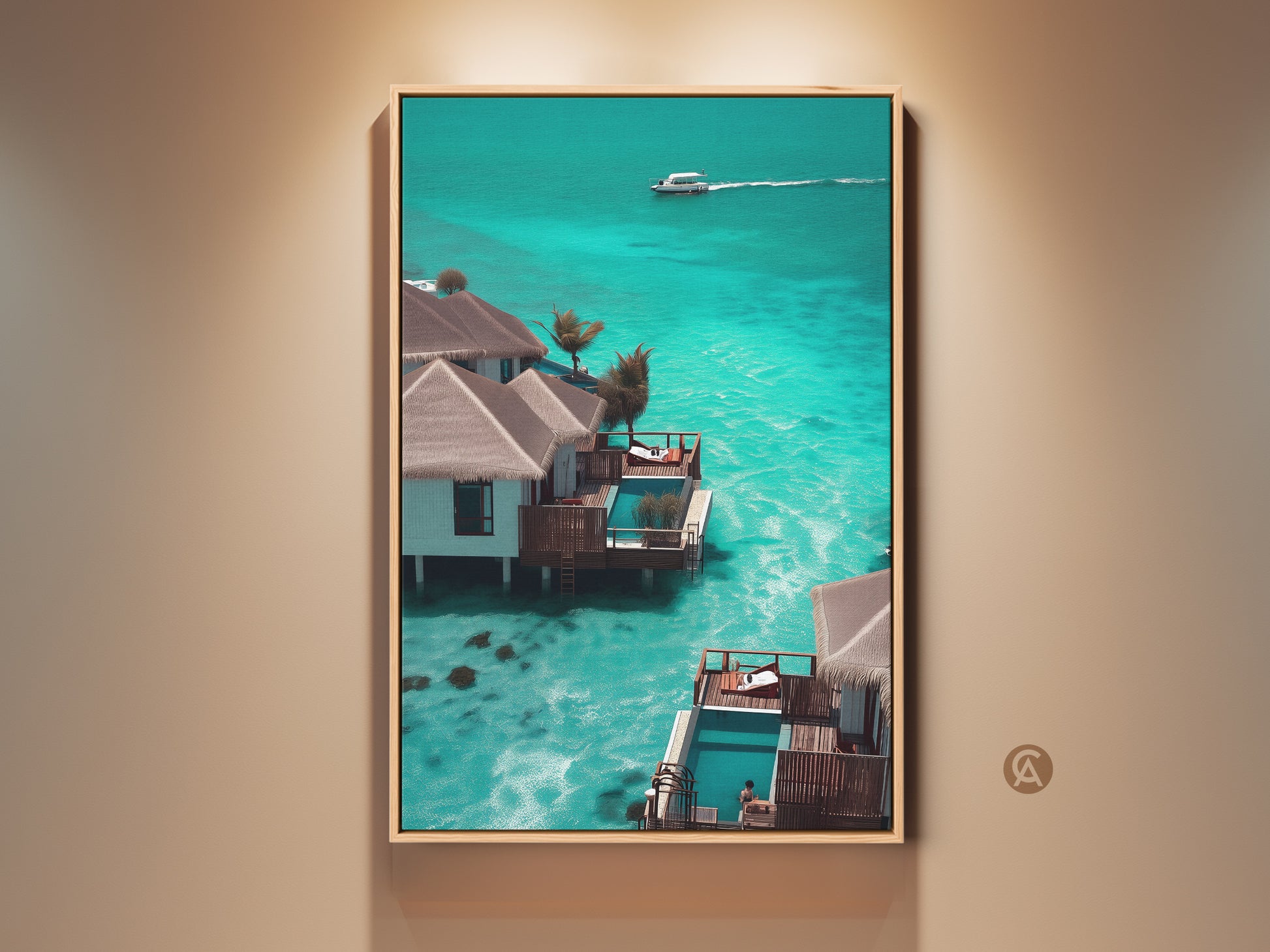 Teal ocean canvas art in a gold frame. A luxury tropical resort bungalow features turquoise water. A speedboat adds to the coastal beach house vibe. This artwork is a perfect housewarming gift for beach lovers. Bring paradise home with this sophisticated beach getaway art.