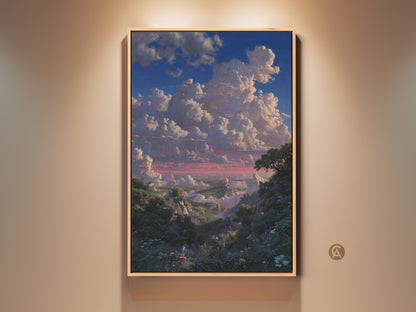 Framed blue green landscape art print displayed in a room. The romantic sky clouds canvas adds nature to traditional home decor. This scenic mountain view print is a perfect housewarming gift.