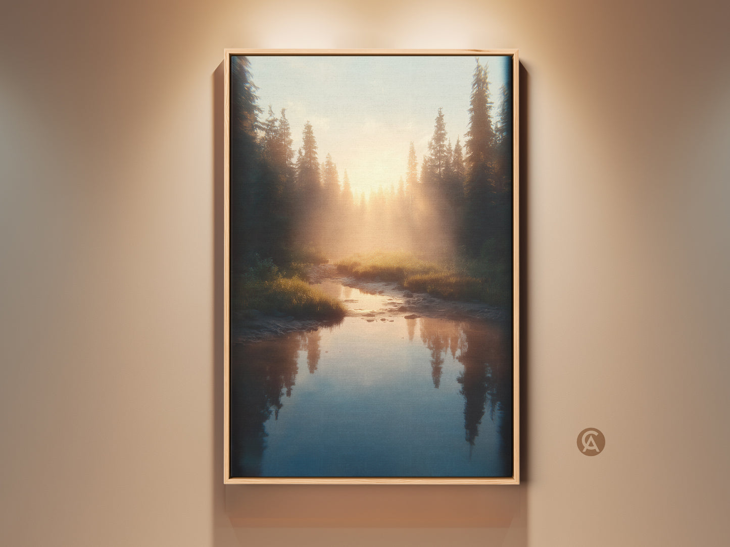 Golden hour bathes a serene river flowing through a pine forest. This Scandinavian landscape art is framed in oak. It adds natural calm to bedrooms or living rooms. A perfect housewarming gift for outdoor enthusiasts.