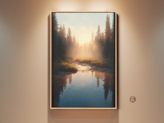 Golden hour bathes a serene river flowing through a pine forest. This Scandinavian landscape art is framed in oak. It adds natural calm to bedrooms or living rooms. A perfect housewarming gift for outdoor enthusiasts.