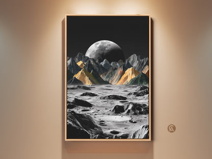 Framed surreal moon landscape artwork showcases a dramatic lunar scene. The black and yellow art features cosmic mountains under a dark sky. Perfect contemporary wall decor for study rooms or offices. Ideal unique gift for sci-fi enthusiasts and stargazers who love extraterrestrial planet art.
