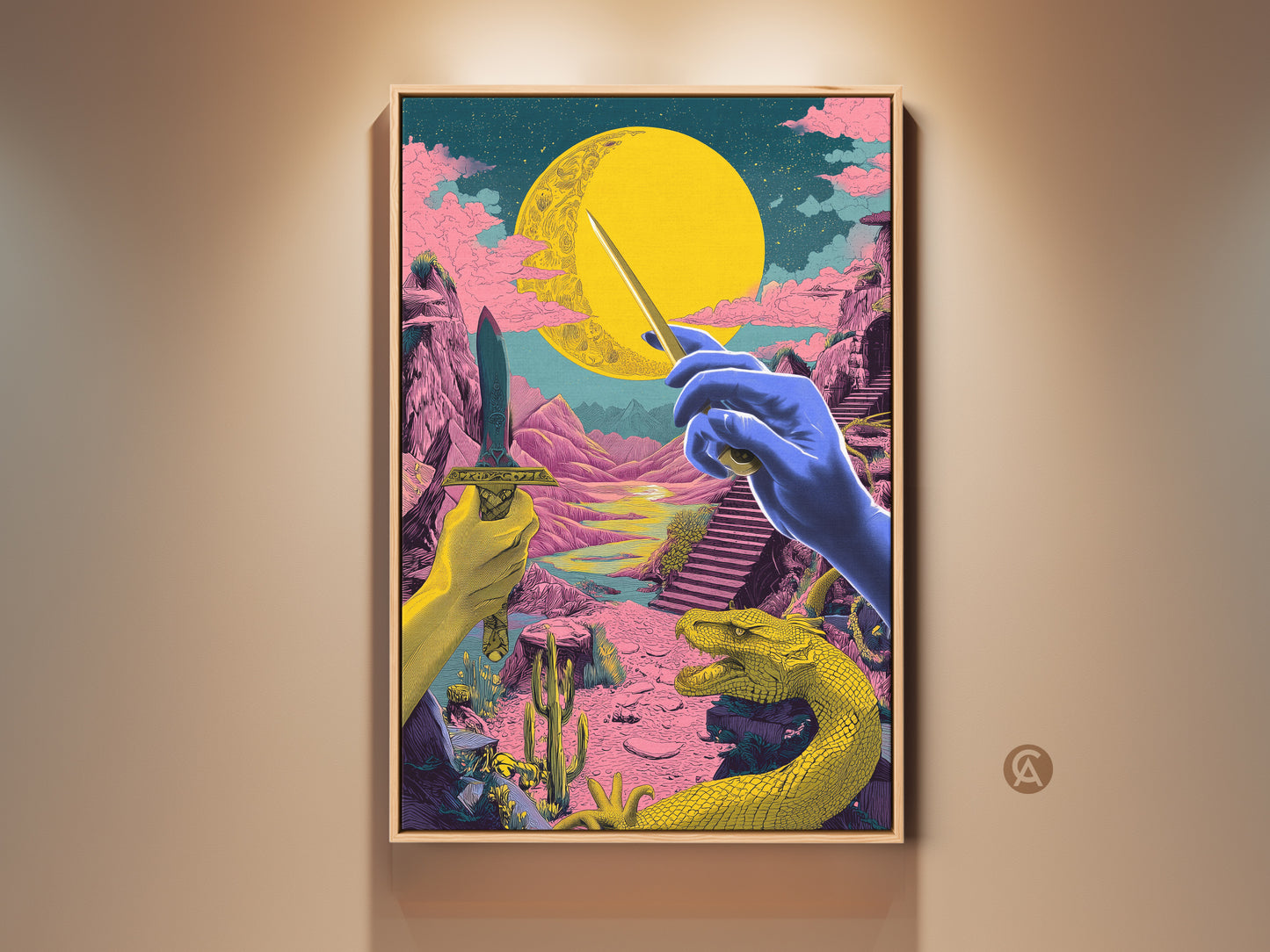 Immerse yourself in this psychedelic fantasy art print. It features a surreal dragon and dagger in a vibrant yellow pink and teal palette. This mythology canvas adds an eclectic touch to any office decor. Bring otherworldly beauty to your walls with this unique piece.