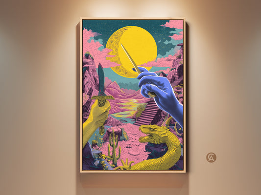 Immerse yourself in this psychedelic fantasy art print. It features a surreal dragon and dagger in a vibrant yellow pink and teal palette. This mythology canvas adds an eclectic touch to any office decor. Bring otherworldly beauty to your walls with this unique piece.