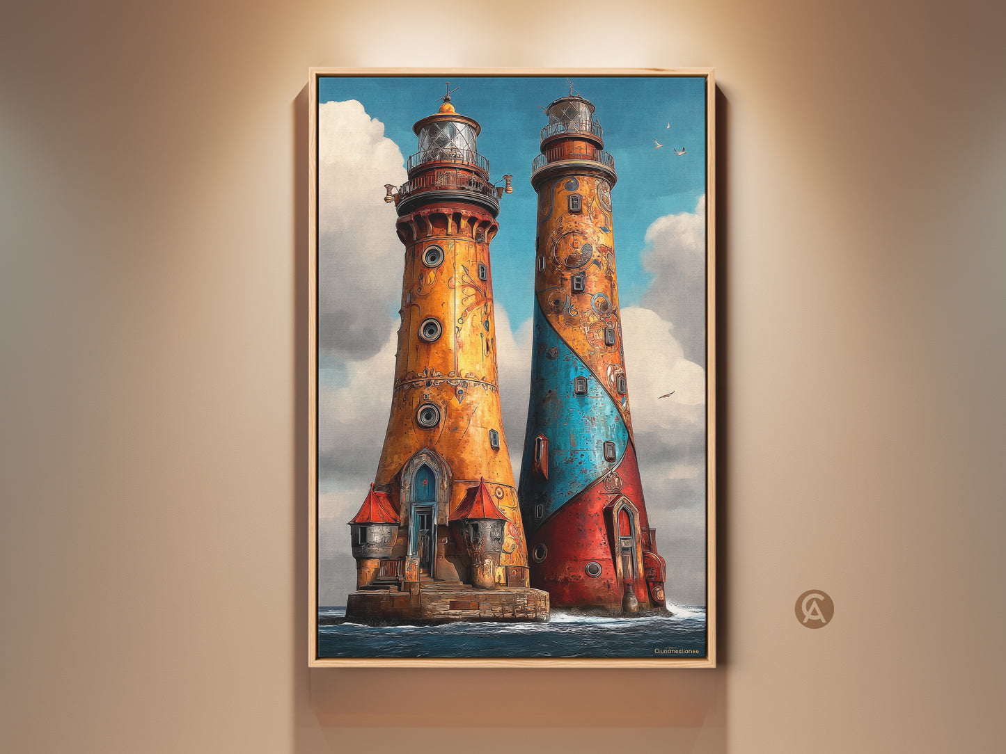 Steampunk Lighthouse Canvas Art. It features ornate nautical artwork in red blue and orange. This seascape print creates unique coastal home decor. The eclectic style adds character