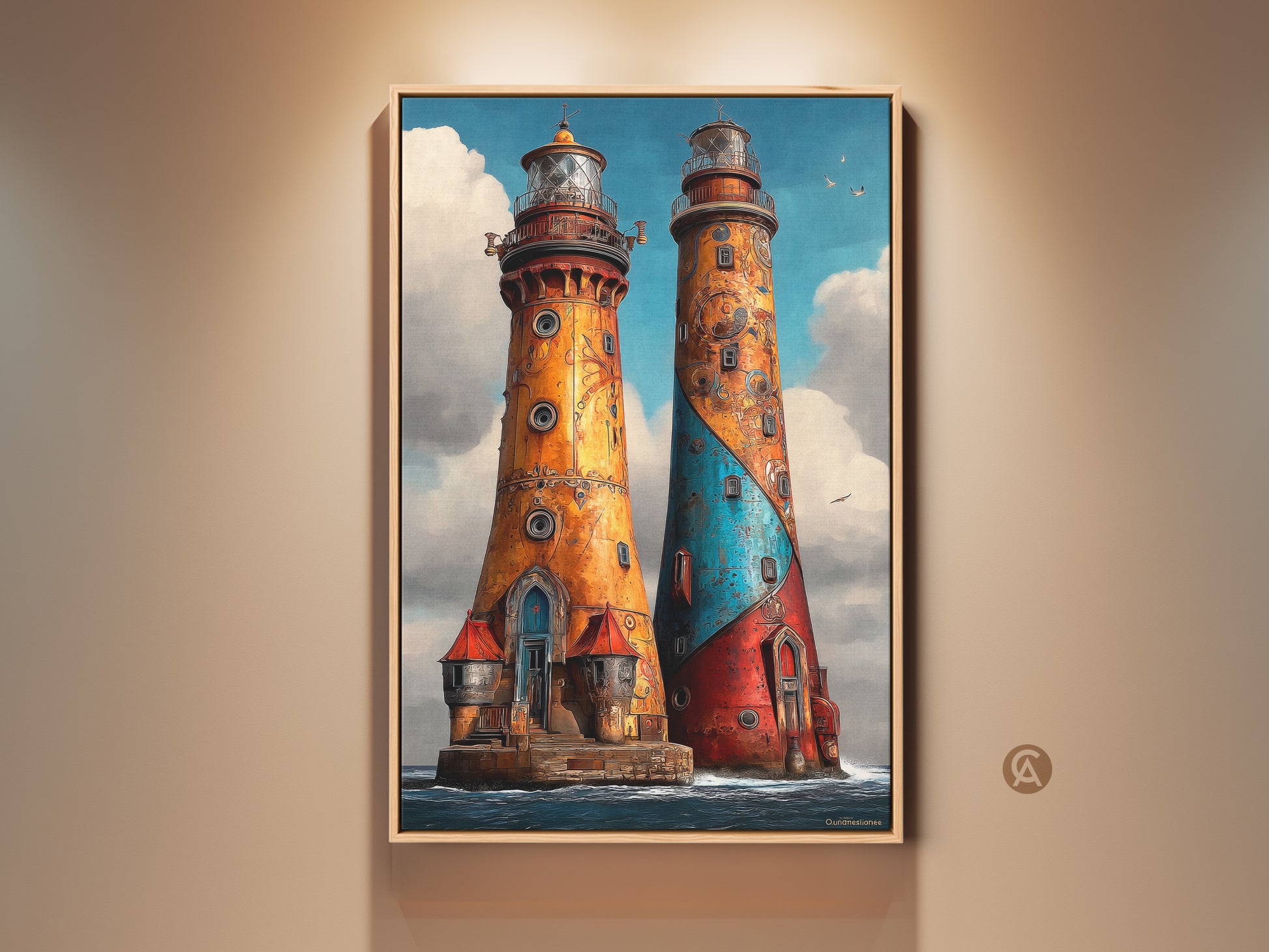 Steampunk Lighthouse Canvas Art. It features ornate nautical artwork in red blue and orange. This seascape print creates unique coastal home decor. The eclectic style adds character