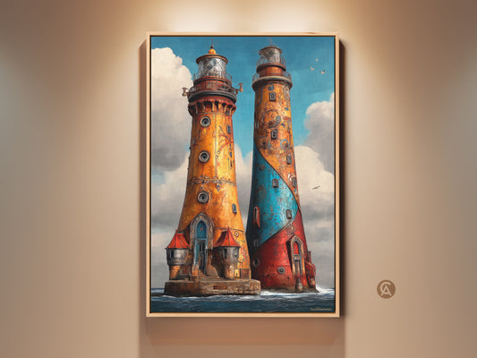 Steampunk Lighthouse Canvas Art. It features ornate nautical artwork in red blue and orange. This seascape print creates unique coastal home decor. The eclectic style adds character