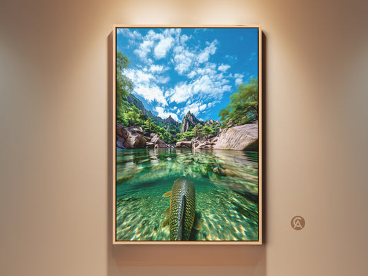 Realistic nature photography print featuring an underwater fish and mountain landscape. The art print displays a blue green nature scene. It makes a great outdoor enthusiast gift and home office wall art. The serene water scene and sky clouds canvas art bring nature inside.