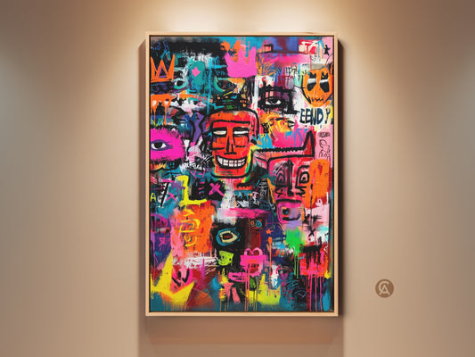 Modern graffiti art in a floating frame. This colorful artwork features a collection of faces and symbols. The artwork is displayed in a well lit room. Add a unique piece to your art collection.