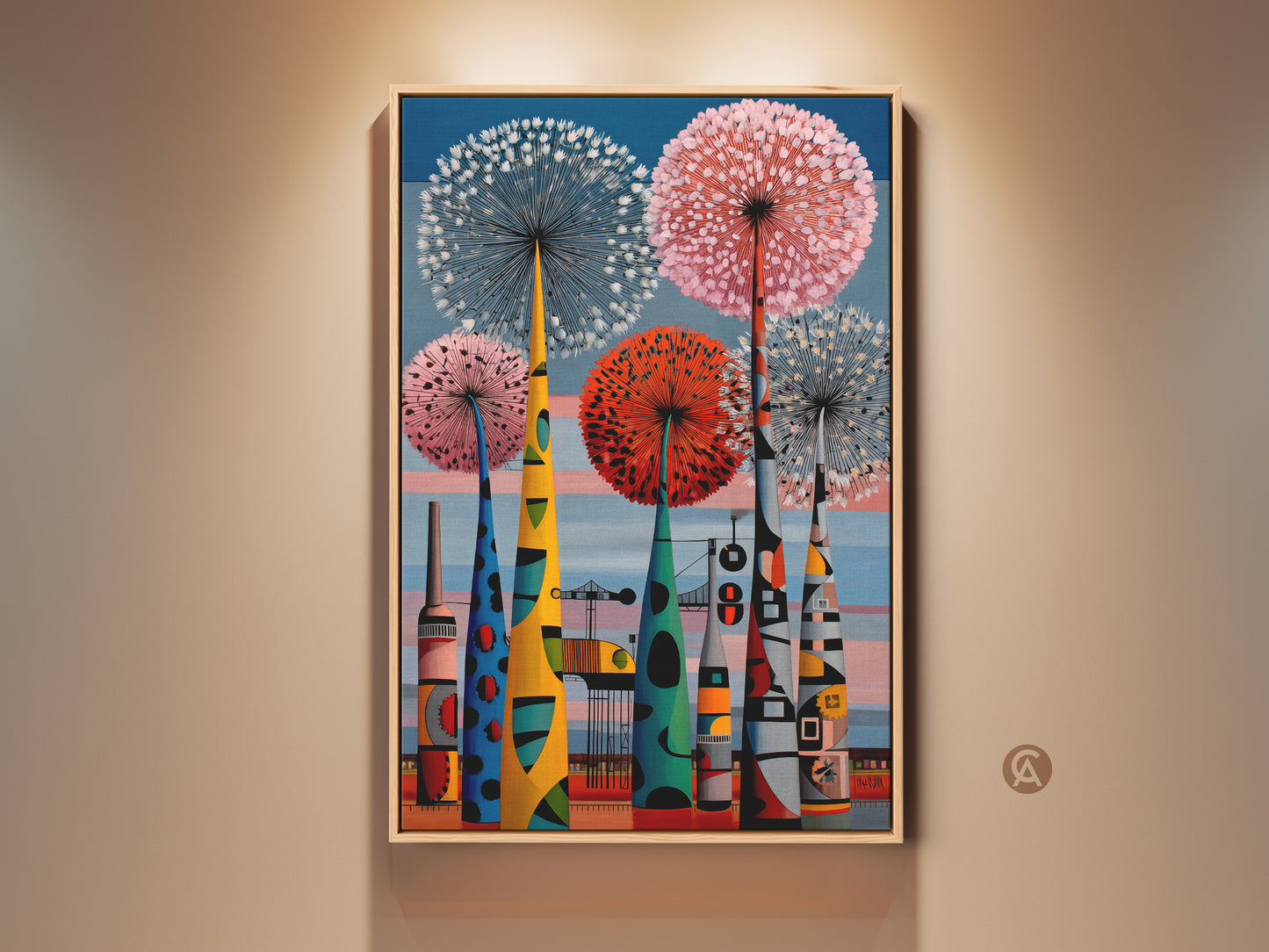 Framed mid-century modern art print features botanical dandelion forms and an abstract industrial cityscape. This retro style wall art is colorful with blue red & pink. It makes a unique housewarming gift for art collectors.
