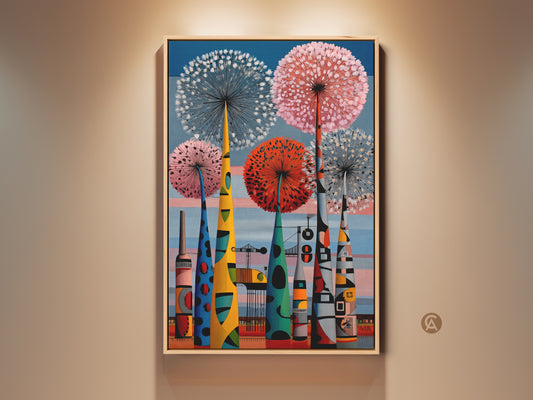 Framed mid-century modern art print features botanical dandelion forms and an abstract industrial cityscape. This retro style wall art is colorful with blue red & pink. It makes a unique housewarming gift for art collectors.