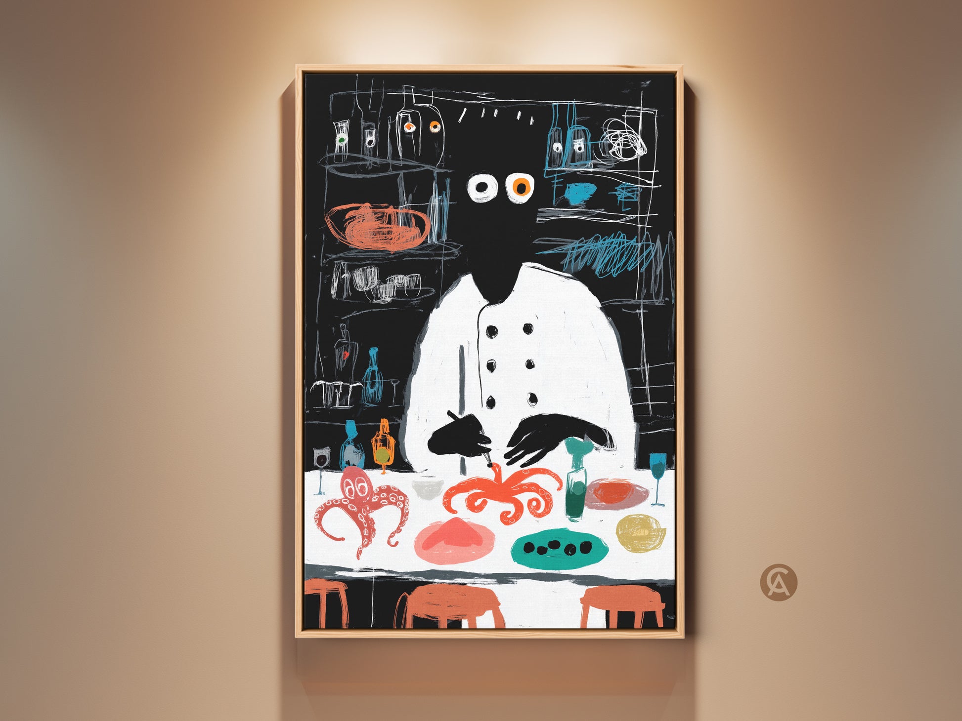 This captivating abstract artwork features a chef with an octopus. The unique red and teal canvas print brings a whimsical touch to any kitchen or dining space. A perfect eclectic foodie gift this artwork enhances restaurant decor. Add a modern abstract art piece to your home with this unique wall hanging.