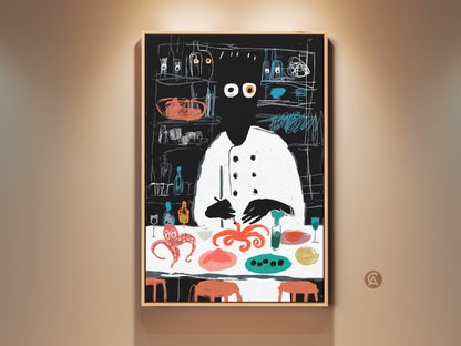 This captivating abstract artwork features a chef with an octopus. The unique red and teal canvas print brings a whimsical touch to any kitchen or dining space. A perfect eclectic foodie gift this artwork enhances restaurant decor. Add a modern abstract art piece to your home with this unique wall hanging.