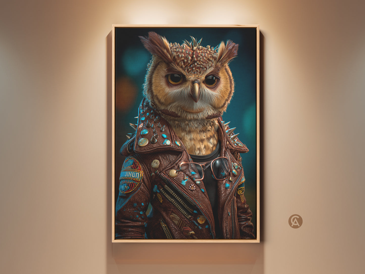 A surreal owl art print displays a bird in a brown biker jacket. This animal character wall art adds an eclectic touch to any room. It is a unique gift for animal lovers and men's office decor. The brown orange and teal art print creates a statement piece. This fantasy owl artwork makes a quirky and whimsical statement.