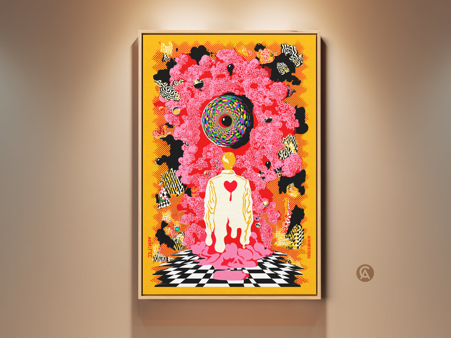 Framed Eclectic Abstract Canvas Artwork a surrealist human figure print. The yellow red and black psychedelic art brings unusual wall decor to study room & office spaces. Add a bold statement to your walls today.