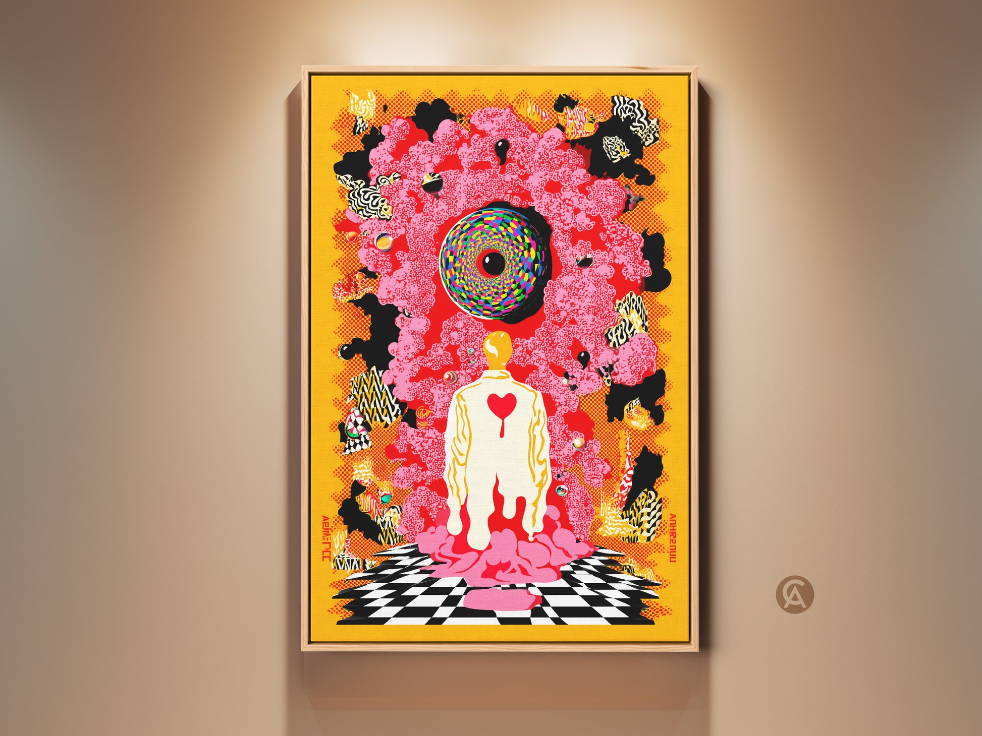 Framed Eclectic Abstract Canvas Artwork a surrealist human figure print. The yellow red and black psychedelic art brings unusual wall decor to study room & office spaces. Add a bold statement to your walls today.