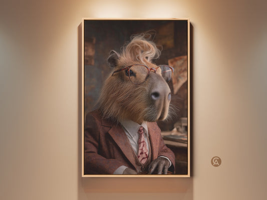 Gallery view of Capybara in Glasses Art Print. Vintage animal portrait adds eclectic charm to any study decor. A photorealistic wall art piece brings a touch of class. The russet and tan tones make it a classy capybara poster. Perfect as a unique gift or a refined addition to your home decor.