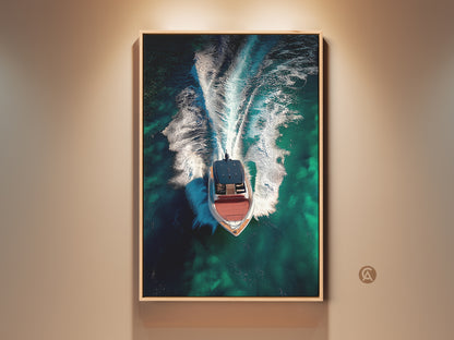 Modern yacht artwork print in a frame. The aerial speedboat canvas art features emerald green and turquoise ocean tones. This contemporary boat art is perfect as office wall decor for men or a unique gift for boat lovers.