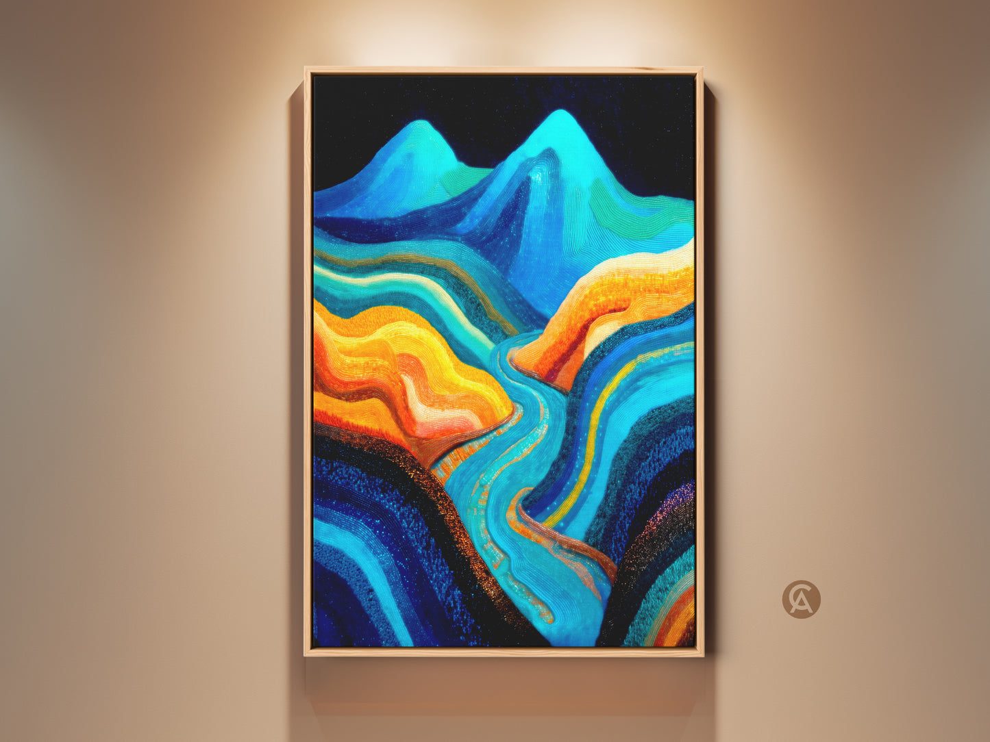 Framed contemporary abstract mountain river artwork. Deep blue and aqua landscape canvas art features orange accents. A unique housewarming gift idea. The modern art enhances home office decor.