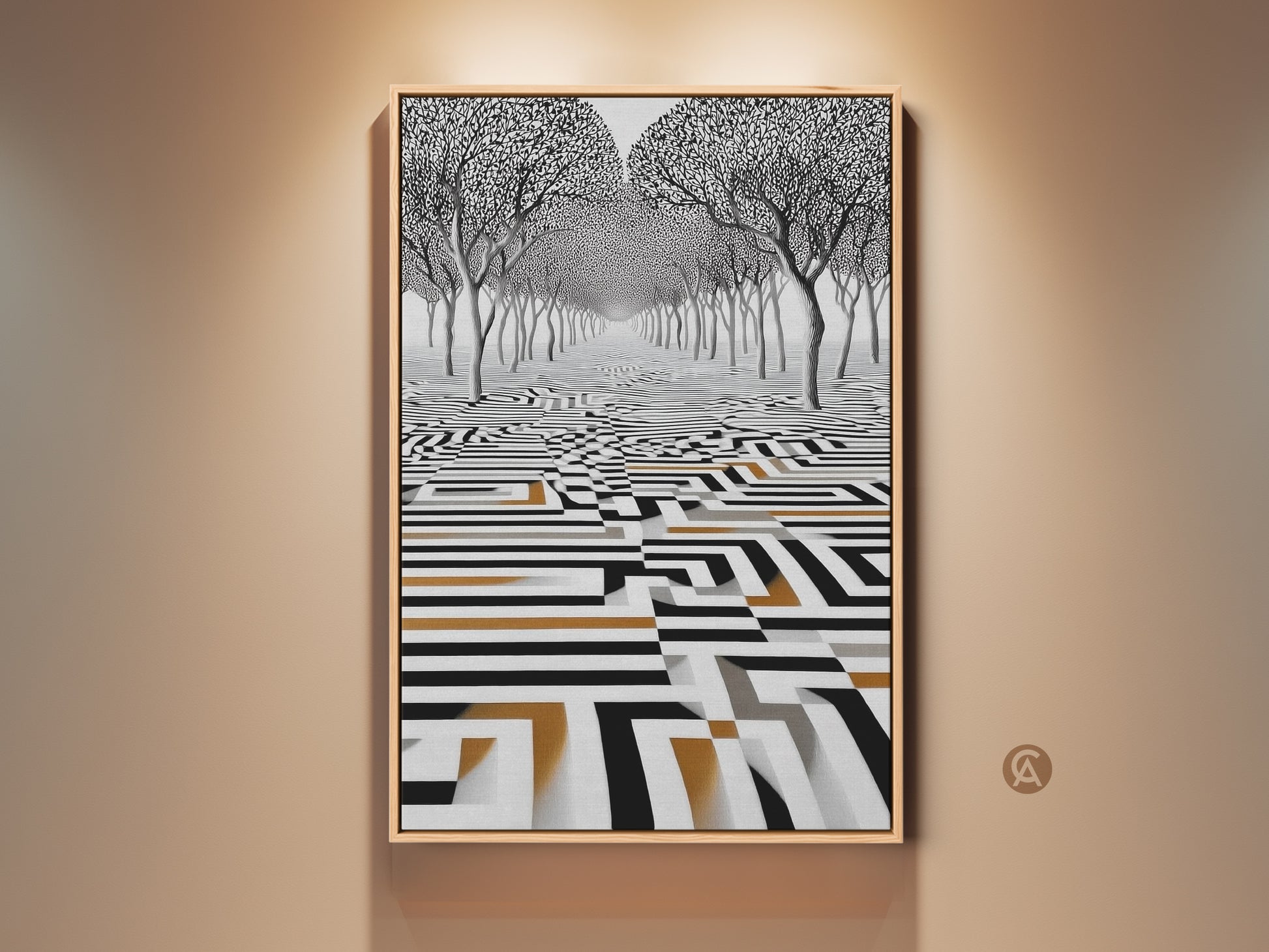 Contemporary surreal art featuring a maze of black white gold patterns. This abstract geometric landscape includes stylized trees on canvas. A modern piece ideal for an entryway or living room offering a visually intriguing focal point.
