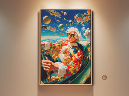 This artwork features a person with white hair driving a car. Planets and spaceships float in the sky. The driver wears sunglasses and a colorful jacket. Shop canvas prints and posters online.