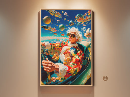 This artwork features a person with white hair driving a car. Planets and spaceships float in the sky. The driver wears sunglasses and a colorful jacket. Shop canvas prints and posters online.