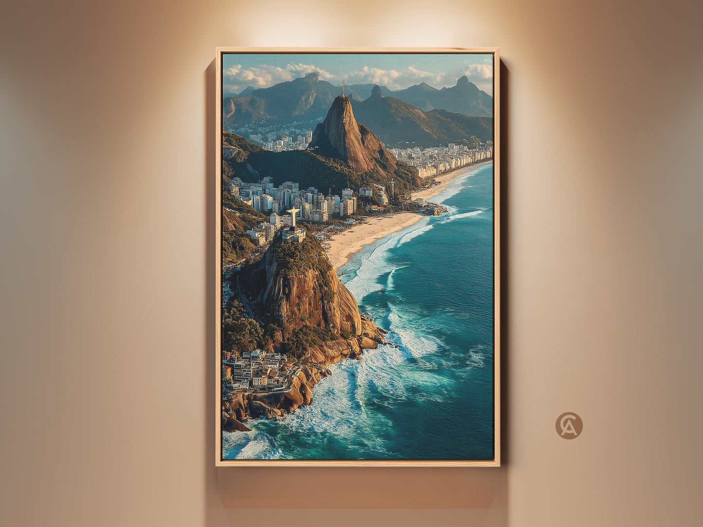 Ipanema Beach & Christ the Redeemer aerial view on a canvas print. Ocean blue meets green mountains in this Rio de Janeiro cityscape wall art. This contemporary travel photography artwork brings South America to your home decor. A perfect beach wall hanging decor piece