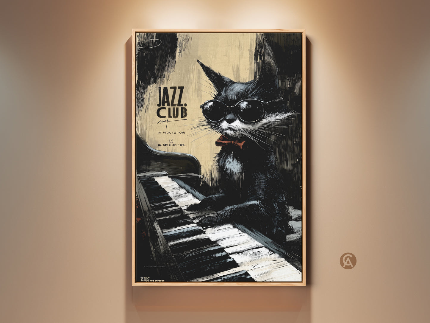 Jazz Cat Club framed artwork. A sleek black cat with sunglasses plays piano. This art is perfect for music lovers. The art is displayed on a neutral wall. Decorate your home with this unique piece.