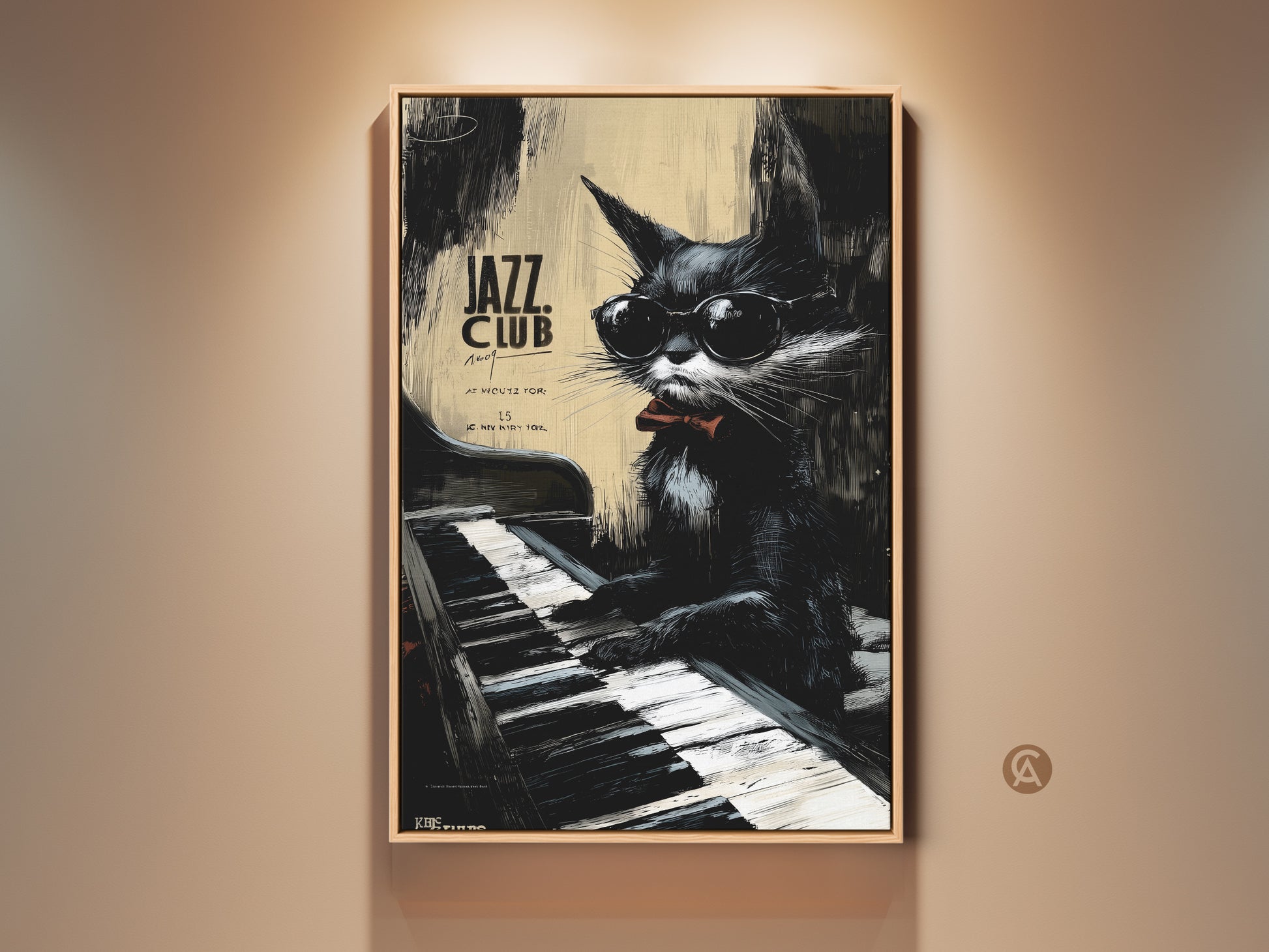 Jazz Cat Club framed artwork. A sleek black cat with sunglasses plays piano. This art is perfect for music lovers. The art is displayed on a neutral wall. Decorate your home with this unique piece.