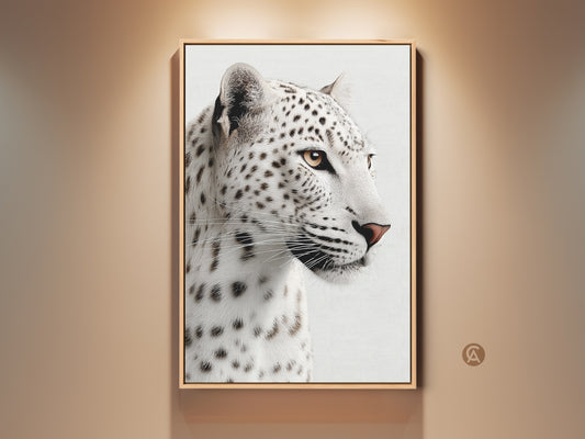 Realistic Snow Leopard canvas artwork framed in gold hangs on a neutral wall. This monochrome big cat artwork brings wildlife charm to modern interiors. This canvas print is ideal for animal lovers seeking sophisticated wildlife home decor.