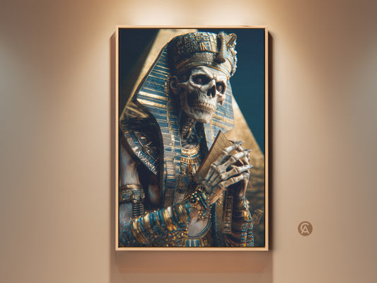 Framed Gothic Pharaoh Skeleton Art Print showcased in a room setting. The Egyptian Mythology Canvas Art features Dark Academia Gold and Blue tones. Ideal wall decor for office spaces adding an eclectic historical touch.