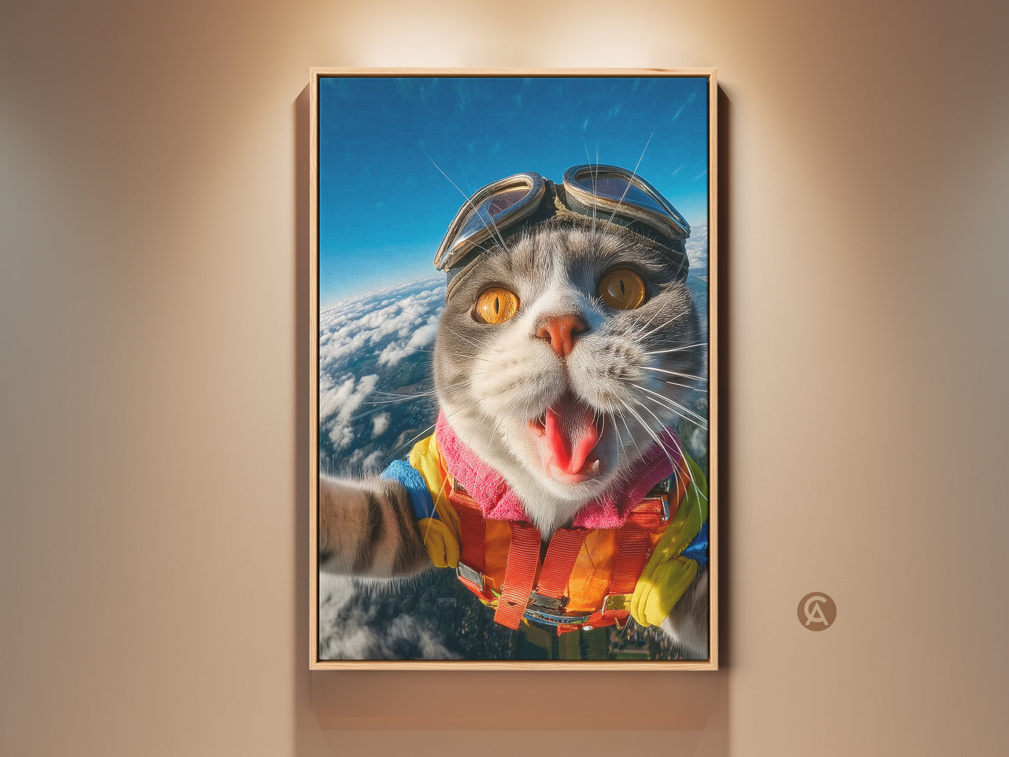 This artwork features a cat skydiving. The feline wears goggles and a colorful life vest. The skydiving cat art print adds humor to any room. A fun piece for cat lovers.