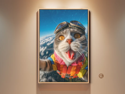 This artwork features a cat skydiving. The feline wears goggles and a colorful life vest. The skydiving cat art print adds humor to any room. A fun piece for cat lovers.