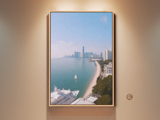 Stunning coastal cityscape canvas art features a luxury yacht and sailboat on an aqua ocean. The modern photorealistic style brings travel vibes to any room. This artwork is printed on premium canvas. It's a perfect addition to homes seeking sophisticated travel-inspired themes. Ideal as a housewarming gift for travel lovers.