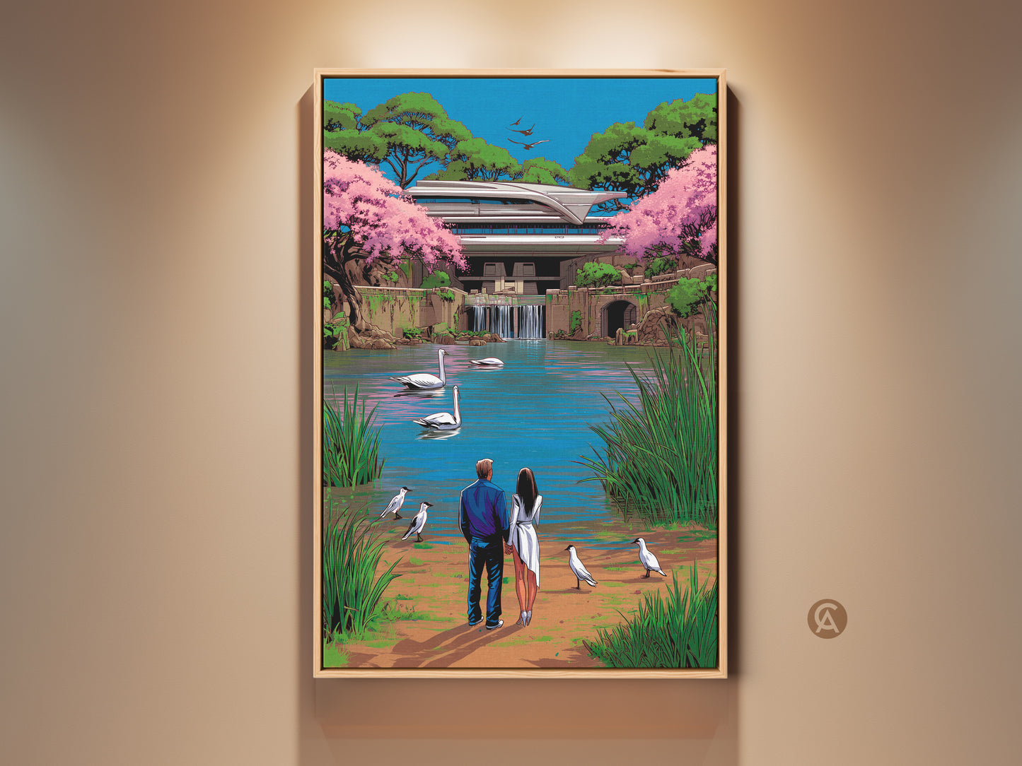 A romantic couple admires swans in this surreal pop art landscape. The canvas art features a modern architectural backdrop. Pink blossoms and blue green waters enhance this anniversary gift idea. Perfect for eclectic home decor or as a unique wall art piece.