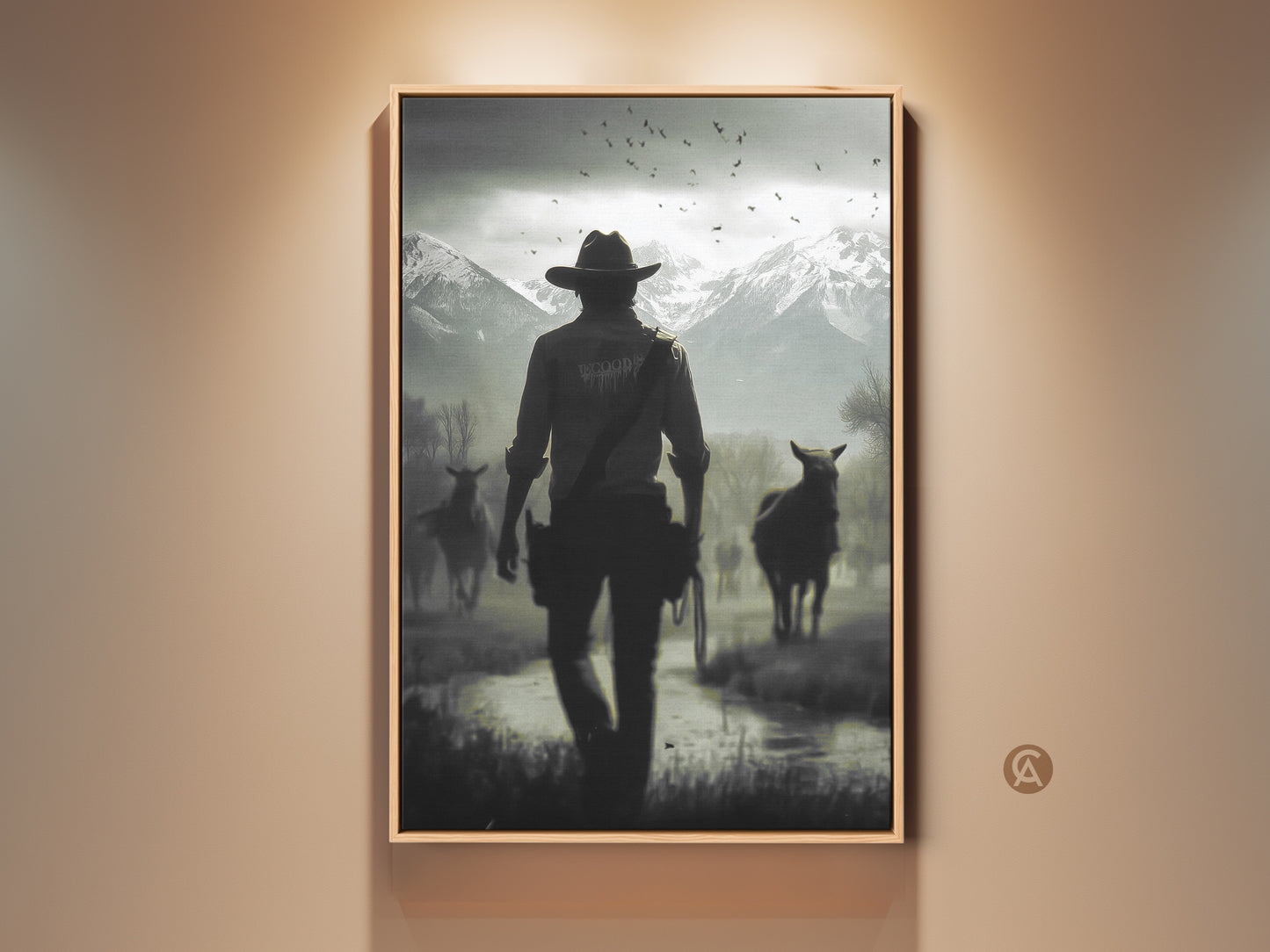 Rustic western landscape canvas print featuring a cowboy and horses. The monochrome artwork adds a cinematic touch to a study room. It is a perfect housewarming gift for cowboy enthusiasts. The snowy mountain landscape art enhances rustic home office decor. This black and white horse art captures a rugged western scene.