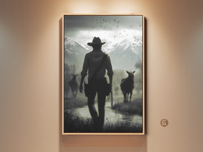 Rustic western landscape canvas print featuring a cowboy and horses. The monochrome artwork adds a cinematic touch to a study room. It is a perfect housewarming gift for cowboy enthusiasts. The snowy mountain landscape art enhances rustic home office decor. This black and white horse art captures a rugged western scene.